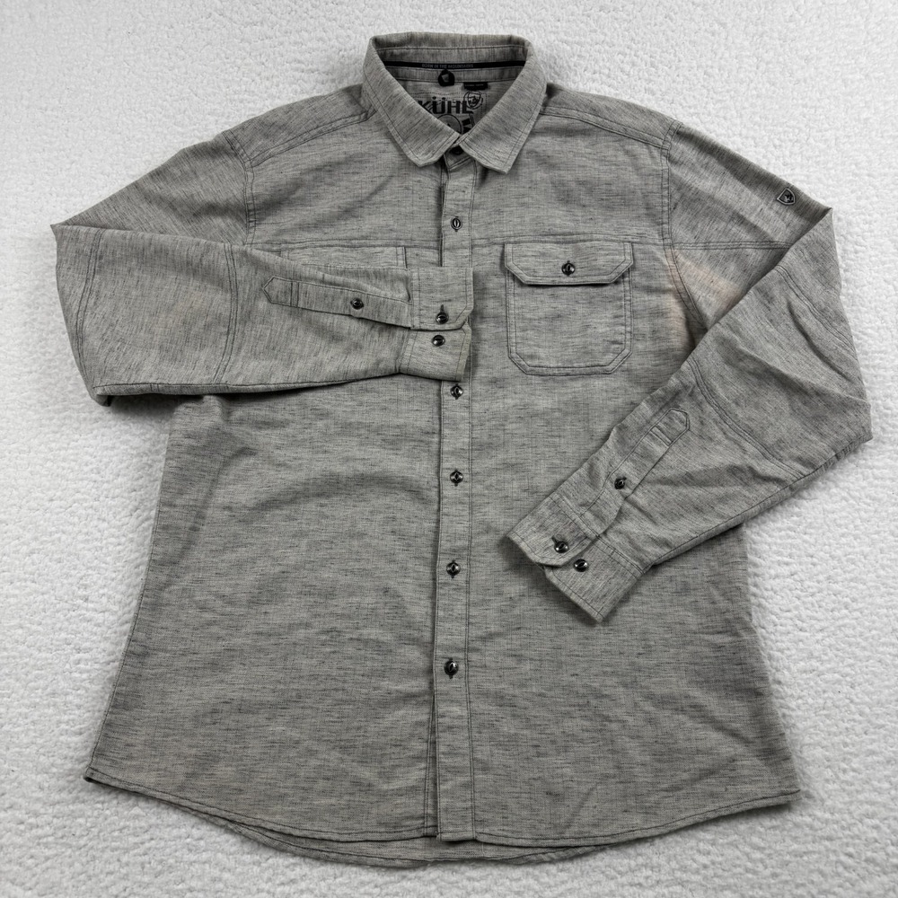 Kuhl Shirt Mens Large Gray Heathered Logo Cotton Flap Pockets Gorpcore Button Up